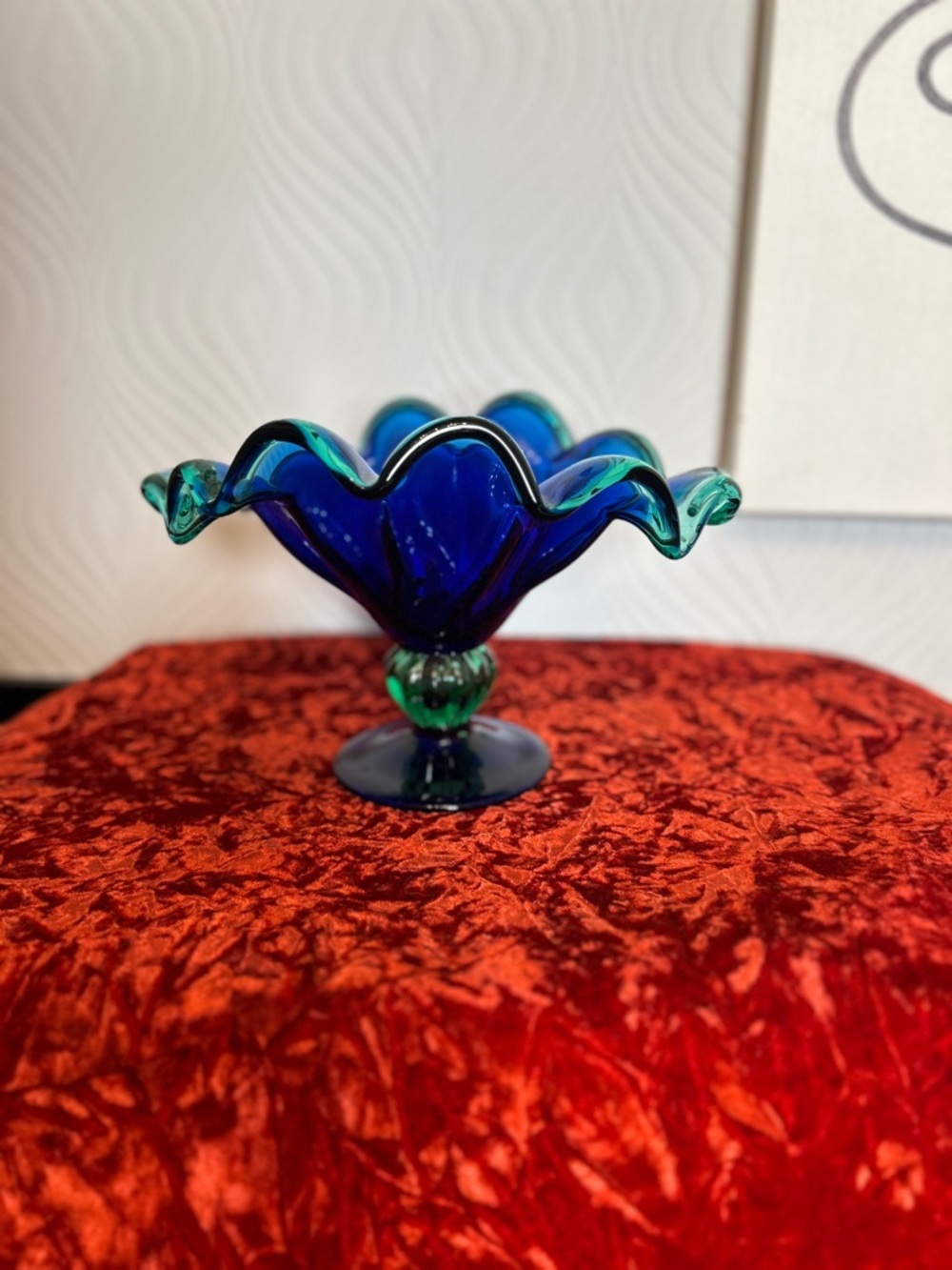 Murano White Crystal Blue Green Ruffled Edge Footed Compote Bowl